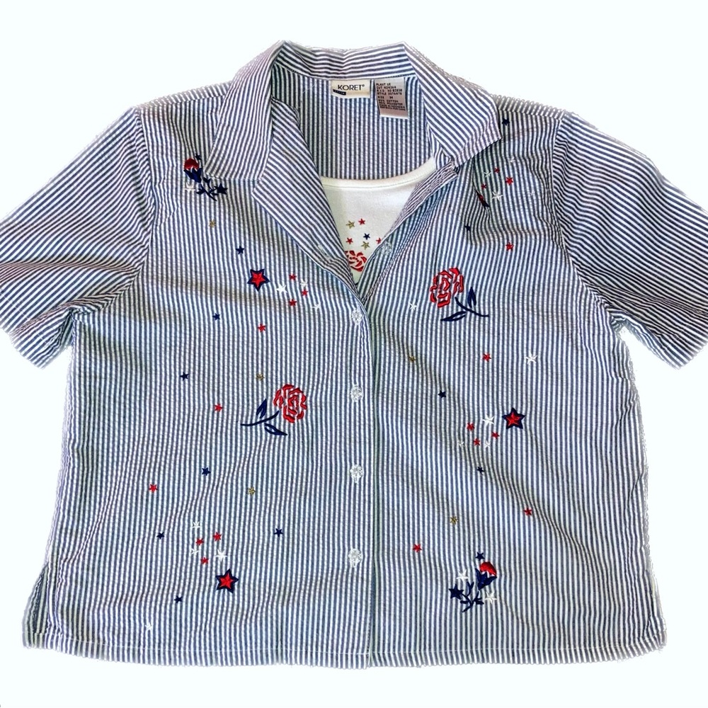 Pre-owned Women’s Koret Striped, Embroidered Button-Down Shirt (Size Petite M)
